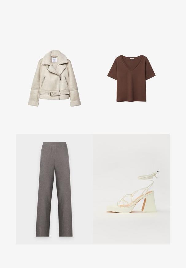Krämfärgad shearlingjacka med bred krage, dragkedjefickor och bälte i midjan. Har texturerad tyg och mjukt foder.; Brun bomulls t-shirt med korta ärmar och djup V-ringning. Enkel design, mjuk textur och rak fåll. Inga mönster eller dekorationer.; Grå vida byxor med en texturerad tyg och elastisk midja. Designen har en enkel, rak silhuett utan fickor.; Vit högklackad sandal med en kraftig klack, med ett remdesign och ankelband. Slät textur med en plattform framtill för ökad höjd.