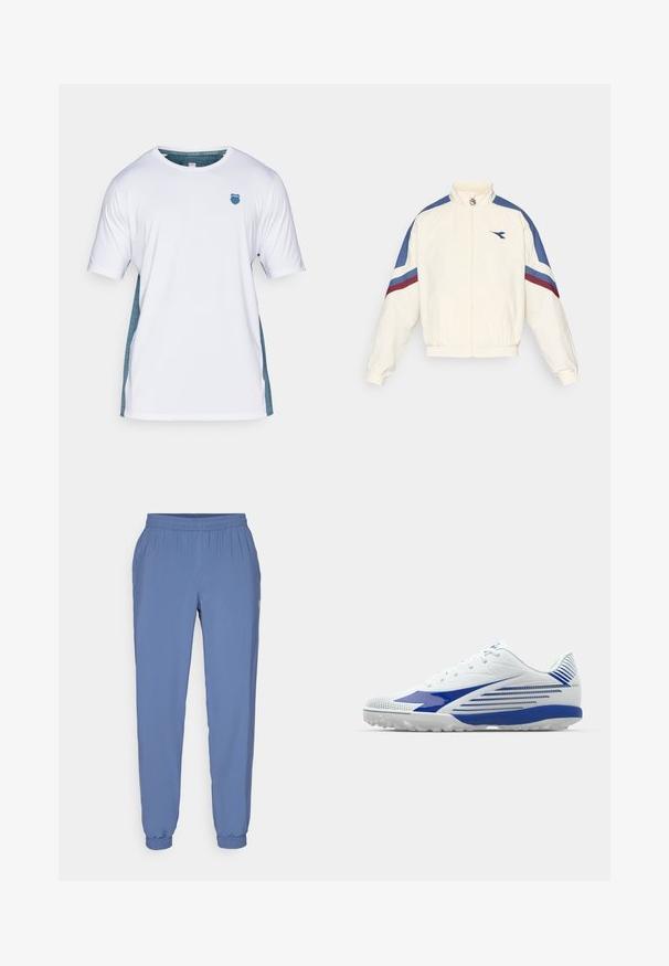 Biely jacket s modrými a marónovými akcentmi, so zipsom vpredu, vysokým golierom, elastickými manžetami a lemom. Má logo na pravej hrudi.; Biely tričko s krátkym rukávom, s morskými akcentmi po stranách a modrým erbovým logom na hrudi. Vyrobené z priedušného materiálu, hladká textúra.; Modré, ľahké jogger nohavice s elastickým pásom a manžetami. Majú hladkú textúru a malé logo na boku.; Biele atletické tenisky s modrými akcentmi, textúrovaný sieťovaný zvršok, zakrivený dizajn a gumová podrážka s protišmykovými vzormi. Šnurovanie pre pevné uchytenie.