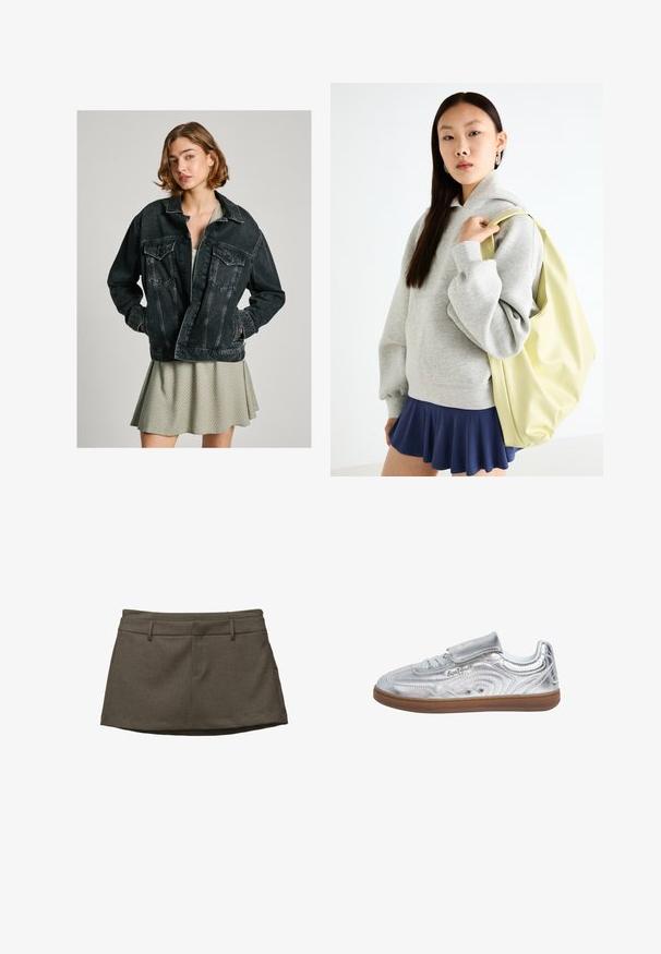 Schwarze Jeansjacke mit lässiger Passform, Druckknopfverschluss, zwei Brusttaschen und verblichenem Textur, über einem hellgrünen gemusterten Kleid getragen.; Weißes Kurzarmhemd mit strukturiertem Kragen, gepufften Ärmeln und Knopfverschluss vorne. Enthält gerafftes Material an der Brust.; Brauner Rock mit maßgeschneidertem Design, ausgestattet mit Gürtelschlaufen, zwei Fronttaschen und einem strukturierten Stoff. Der Saum ist leicht rund.; Pepe Jeans Sneaker low - silver-coloured; Grauer, übergroßer Hoodie mit Kängurutasche, kombiniert mit einem marineblauen, ausgestellten Rock. Accessoire: großer, hellgelber Rucksack mit glatter Textur.
