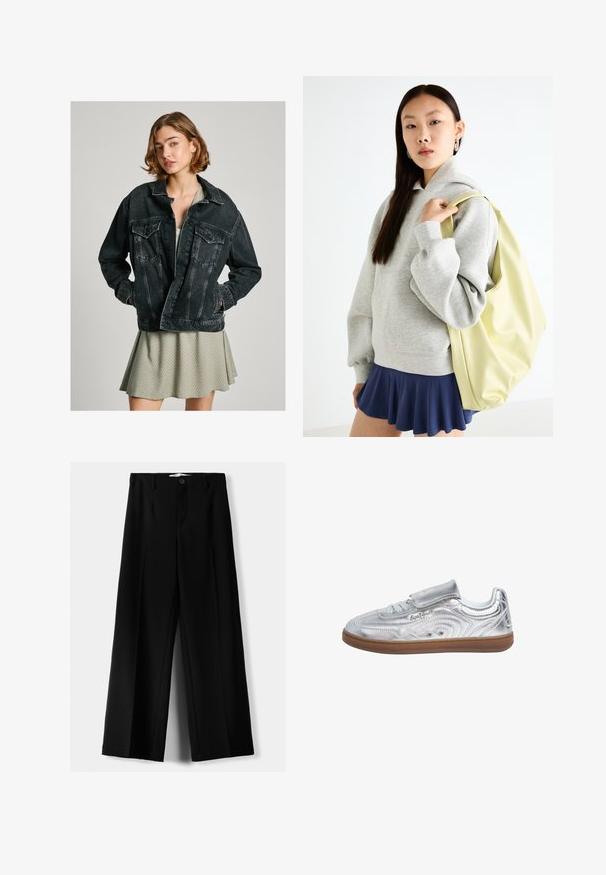 Crna traper jakna širokog kroja, s dugmadima sprijeda, dva džepa na grudima i izbljedjelom teksturom, složena preko svijetlo zelene haljine s uzorkom.; Bijela majica kratkih rukava sa strukturiranim okovratnikom, napuhanim rukavima i prednjim kopčanjem na dugmad. Ima nabranu tkaninu na bustu.; Crne široke hlače izrađene od lagane tkanine, s prednjim zatvaranjem na dugme i ravnim prednjim dijelom, sa uredno šivenim rubovima.; Pepe Jeans Tenisice - silver-coloured; Sivi oversized dukserica s kapuljačom i kengur džepom, u kombinaciji s mornarsko plavom suknjom šireg kroja. Dodatak: velika svijetlo žuta torba, glatke teksture.