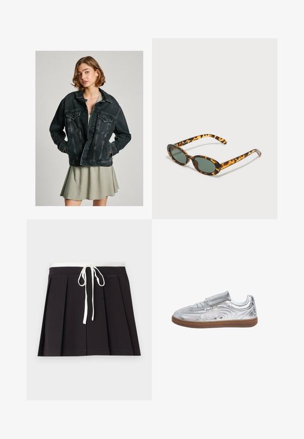 Černá džínová bunda s volným střihem, zapínáním na knoflíky, dvěma náprsními kapsami a vybledlým texture, vrstvená přes svetrové šaty se světle zeleným vzorem.; Bílá košile s krátkým rukávem, strukturovaným límcem, nabušenými rukávy a zapínáním na knoflíky vpředu. Obsahuje nařasenou látku v oblasti poprsí.; Černá skládací sukně s bílým tkaným stahovacím pasem. Vyrobena z měkké látky, s hladkou texturou a jednoduchým, klasickým designem.; Pepe Jeans Tenisky - silver-coloured; Tortoise shell sluneční brýle s oválnými obrubami, tmavě zelenými skly a štíhlými straničkami. Obsahují decentní logo na straně.; Šedá oversized mikina s klokaní kapsou, spárovaná s námořnickou áčkovou sukní. Doplňky: velký světle žlutý batoh s hladkým povrchem.