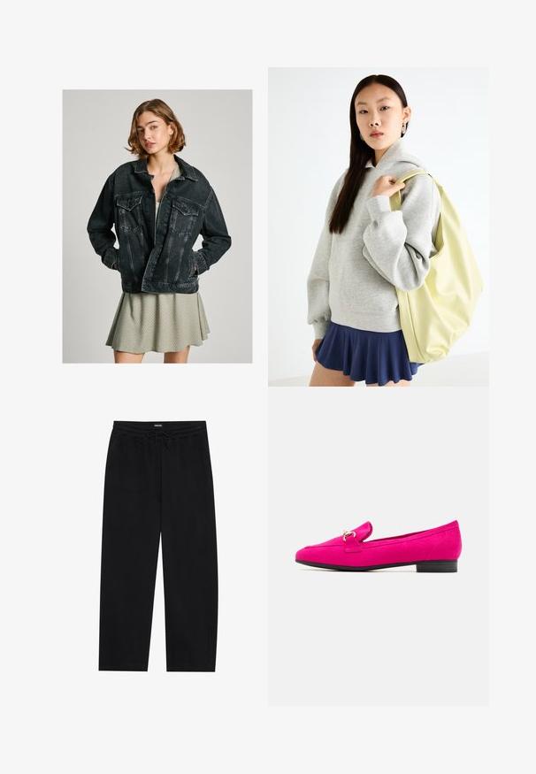Sort denimjakke med løs pasform, knapfrontal, to brystlommer og falmet tekstur, lagdelt over en lys grøn mønstretdress.; Hvid kortærmet skjorte med struktureret krave, bluser med pufærmer og frontlukning med knapper. Har rynket stof ved brystet.; YOURTURN BARREL JOGGER UNISEX - Træningsbukser - black; Fuchsia ruskindslofter med en flad sort hæl, der har en dekorativ rem og lille spænde detaljer. Glat tekstur og strømlinet silhuet.; Grå oversized hoodie med en kængurulomme, parret med en marineblå flared nederdel. Accessory: stor lys gul rygsæk med en glat tekstur.