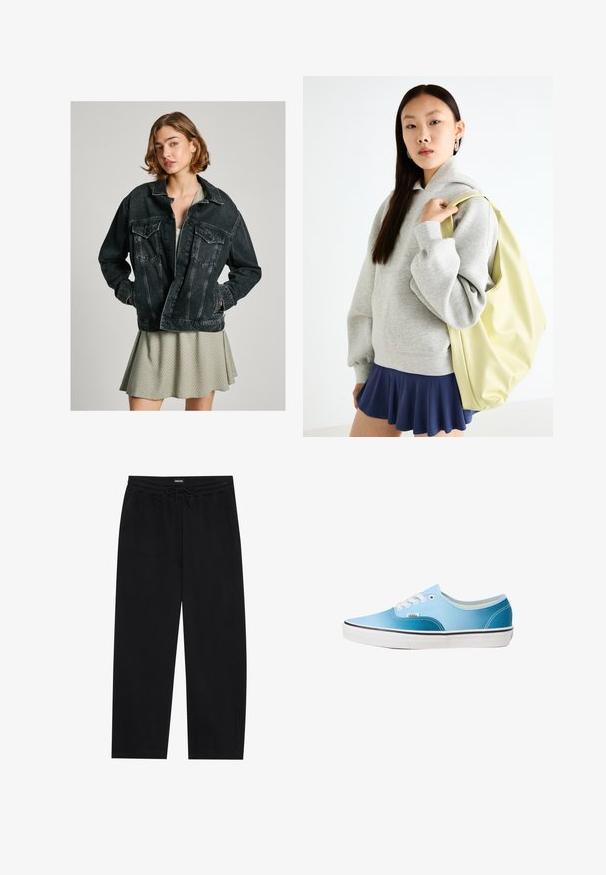 Schwarze Jeansjacke mit lässiger Passform, Druckknopfverschluss, zwei Brusttaschen und verblichenem Textur, über einem hellgrünen gemusterten Kleid getragen.; Weißes Kurzarmhemd mit strukturiertem Kragen, gepufften Ärmeln und Knopfverschluss vorne. Enthält gerafftes Material an der Brust.; YOURTURN BARREL JOGGER UNISEX - Jogginghose - black; Vans AUTHENTIC - Sneaker low - blue coral gradient; Grauer, übergroßer Hoodie mit Kängurutasche, kombiniert mit einem marineblauen, ausgestellten Rock. Accessoire: großer, hellgelber Rucksack mit glatter Textur.