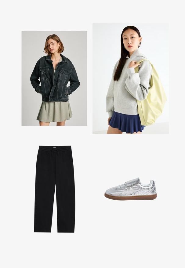 Černá džínová bunda s volným střihem, zapínáním na knoflíky, dvěma náprsními kapsami a vybledlým texture, vrstvená přes svetrové šaty se světle zeleným vzorem.; Bílá košile s krátkým rukávem, strukturovaným límcem, nabušenými rukávy a zapínáním na knoflíky vpředu. Obsahuje nařasenou látku v oblasti poprsí.; YOURTURN BARREL JOGGER UNISEX - Teplákové kalhoty - black; Pepe Jeans Tenisky - silver-coloured; Šedá oversized mikina s klokaní kapsou, spárovaná s námořnickou áčkovou sukní. Doplňky: velký světle žlutý batoh s hladkým povrchem.