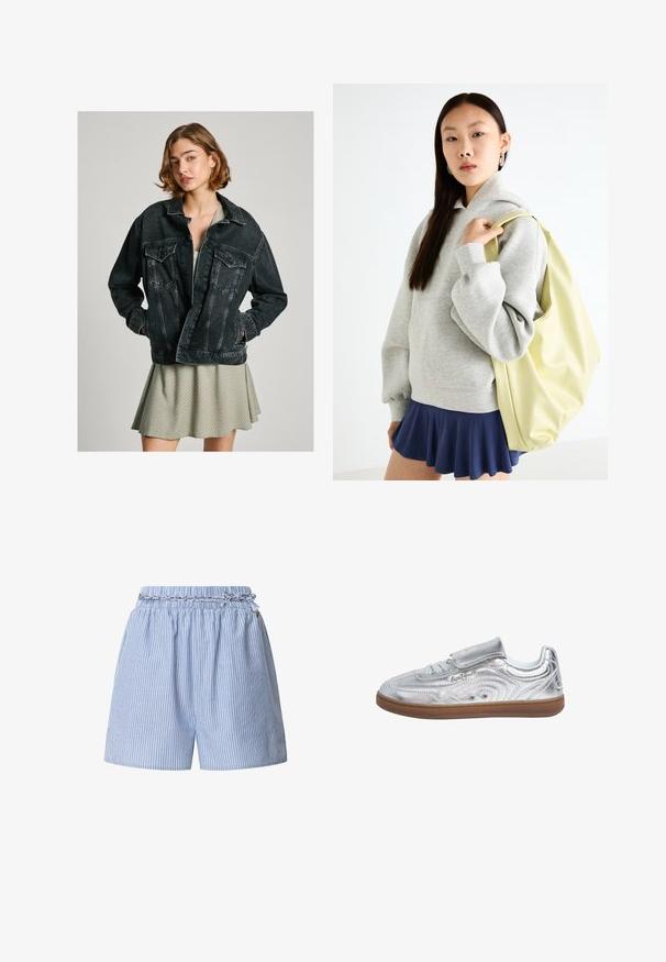 Čierna denimová bunda s voľným strihom, so zapínaním na gombíky, dvoma náprsními vreckami a vyblednutou textúrou, prehodená cez svetlozelené vzorované šaty.; Biela krátka košeľa s štruktúrovaným golierom, nadýchanými rukávmi a zapínaním na gombíky vpredu. Obsahuje nariasenú tkaninu v oblasti poprsia.; Pruhované modré šortky s elastickým pásom a pleteným šnúrkou. Disponujú vertikálnymi bielymi pruhmi a voľným strihom.; Pepe Jeans Tenisky - silver-coloured; Sivá oversized mikina s klokanským vreckom, skombinovaná s námorníckou rozšírenou sukňou. Doplnok: veľký svetložltý batoh s hladkým povrchom.