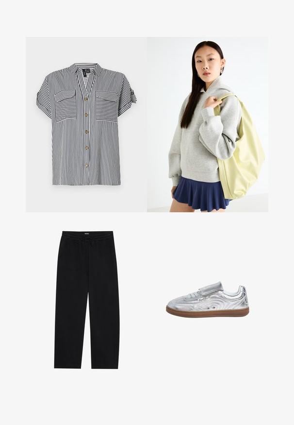 Crna traper jakna širokog kroja, s dugmadima sprijeda, dva džepa na grudima i izbljedjelom teksturom, složena preko svijetlo zelene haljine s uzorkom.; Prugasta bluzica s kratkim rukavima u mornarskoj plavoj i bijeloj boji, sa dva prednja džepa, dugmadi sprijeda i opuštenim krojem. Sadrži dugmadi u zlatnoj boji.; YOURTURN BARREL JOGGER UNISEX - Donji dijelovi trenirke - black; Pepe Jeans Tenisice - silver-coloured; Sivi oversized dukserica s kapuljačom i kengur džepom, u kombinaciji s mornarsko plavom suknjom šireg kroja. Dodatak: velika svijetlo žuta torba, glatke teksture.