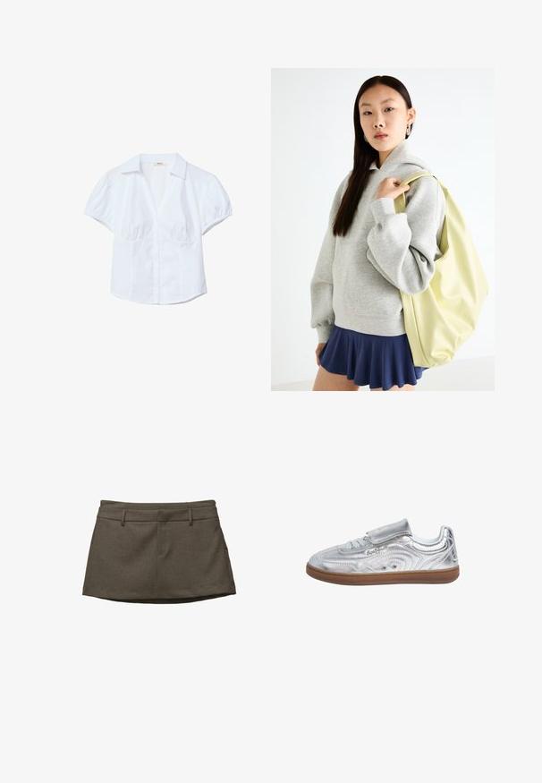 Zwarte denimjacket met een losse pasvorm, knoopsluiting, twee borstzakken en een vervaagde structuur, gelaagd over een lichtgroen patroonjurk.; Witte kortemouwenshirt met een gestructureerde kraag, pofmouwen en een sluiting met knopen aan de voorkant. Bevat geraffineerde stof bij de buste.; Bruine rok met een getailleerd ontwerp, voorzien van riemlusjes, twee voorzakken en een gestructureerde stof. De zoom is iets gebogen.; Pepe Jeans Sneakers laag - silver-coloured; Grijze oversized hoodie met een buideltas, gecombineerd met een marineblauwe vlaggenrok. Accessoire: grote lichtgele rugzak, gladde textuur.