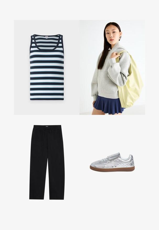 Schwarze Jeansjacke mit lässiger Passform, Druckknopfverschluss, zwei Brusttaschen und verblichenem Textur, über einem hellgrünen gemusterten Kleid getragen.; Gestreifter Tanktop in Marineblau und Hellblau. Verfügt über eine gerippte Textur, einen runden Halsausschnitt und breite Schulterträger.; YOURTURN BARREL JOGGER UNISEX - Jogginghose - black; Pepe Jeans Sneaker low - silver-coloured; Grauer, übergroßer Hoodie mit Kängurutasche, kombiniert mit einem marineblauen, ausgestellten Rock. Accessoire: großer, hellgelber Rucksack mit glatter Textur.