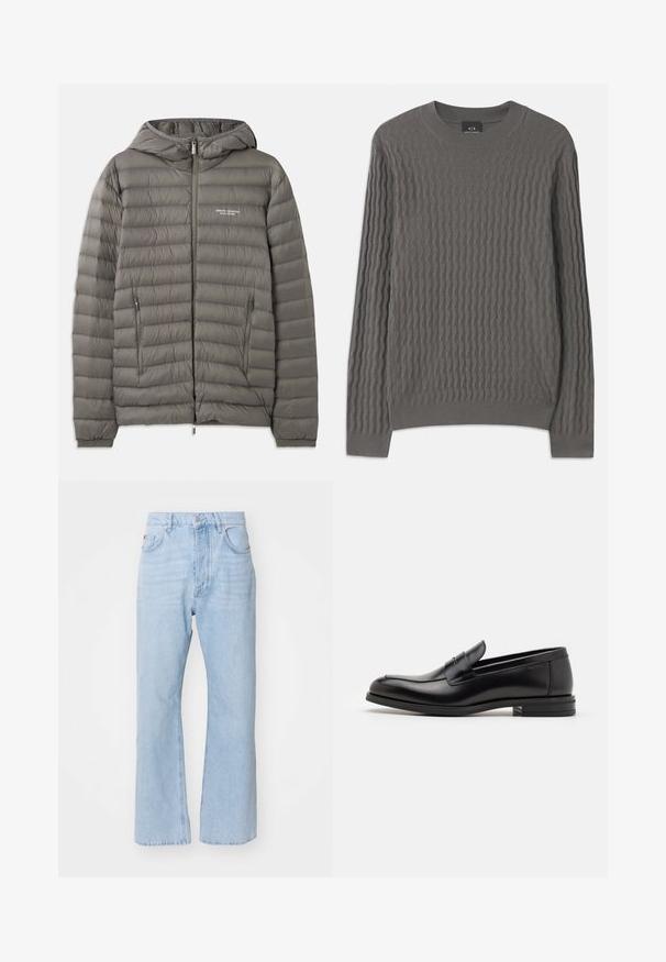 Pilkas pūkinis švarkas su gobtuvu, pagamintas iš siuvinėto medžiagos. Turtingai užpildytas, su dviem užtrauktukais šoninėmis kišenėmis ir priekinio užtrauktuko uždarymu.; Armani Exchange Džemperis - dark gull zig zag; Šviesiai mėlyni džinsai su laisvu siluetu, tiesiomis kojomis, tradiciniu penkių kišenių stiliumi ir metaliniu mygtuko uždarymu.; Juodos odinės loafers, turinčios lygų paviršių, apvalią noselę ir dekoratyvinę juostą per priekinę dalį. Žemas krentantis kulnas, minimalistinis dizainas.