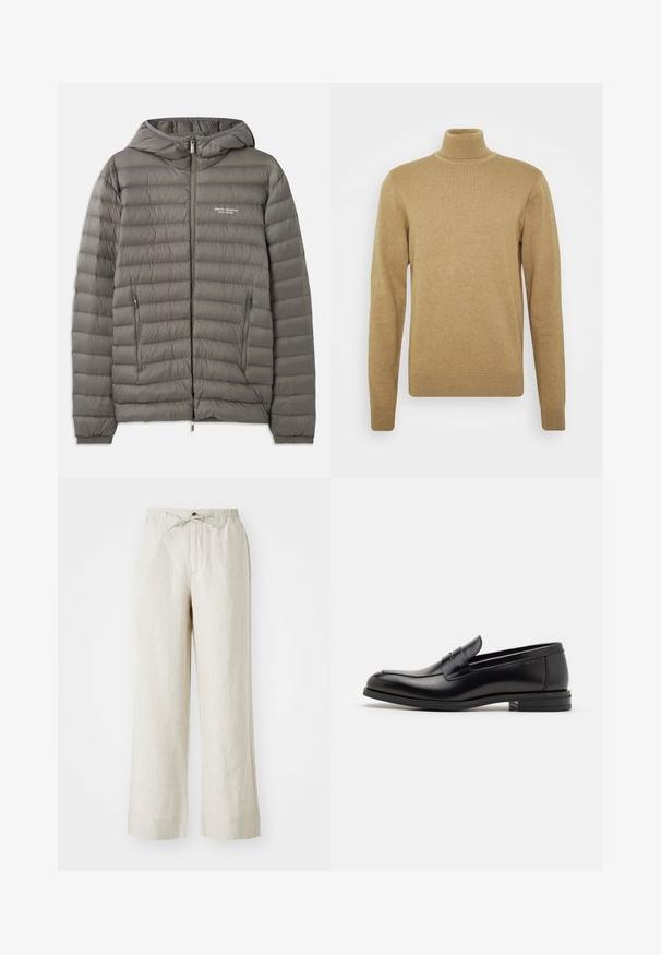 Gray puffer jacket with a hood, made of quilted material. Features two zippered side pockets and a front zipper closure.; Beige turtleneck sweater made of soft knit fabric. Features long sleeves and a fitted design. Ribbed hem and collar accents.; Linen pants in a light beige color, featuring a loose fit, elastic waistband with drawstring, and side pockets for convenience.; Black leather loafers with a smooth texture, rounded toe, and a decorative strap across the vamp. Low stacked heel, minimalist design.