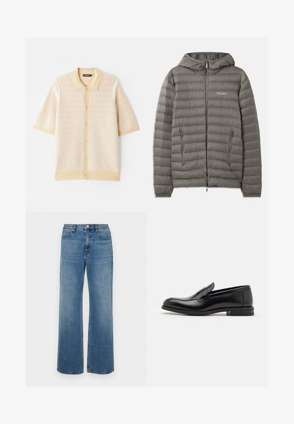 Hallava puffjakker, millel on kapuuts ja millel on tikandmaterjal. Omab kahte lukuga küljetaskut ja ees olevat luku sulgemist.; Beež lühikeste varrukatega polo särk, millel on tekstuuriga kootud muster ja nööbiga esikülg. Omab kindlat kraed ja kontrastseid aktsente.; Laiad sinised teksad, mis on valmistatud denimist ja millel on kulunud viimistlus. Omab viit taskut, ees nööpidega kinnitust ja sirget lõiget.; Mustad mustad nahast loafers sileda tekstuuriga, ümarat ninaosa ja dekoratiivne riba vampi üle. Madal kihiline konts, minimalistlik disain.