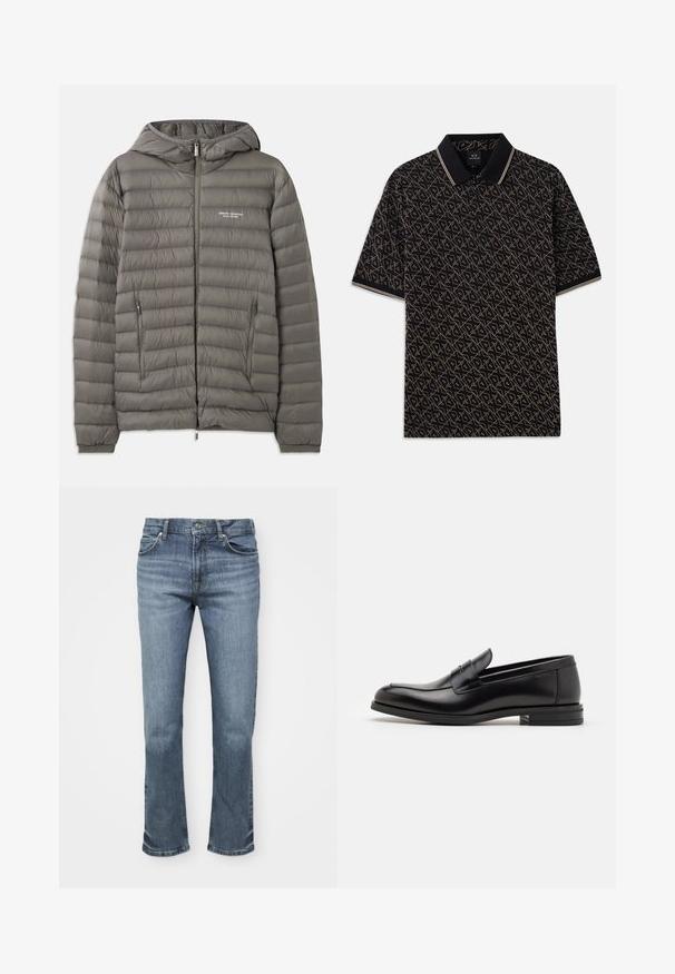 Hallava puffjakker, millel on kapuuts ja millel on tikandmaterjal. Omab kahte lukuga küljetaskut ja ees olevat luku sulgemist.; Mustern ja musta polo särk geomeetrilise kuldse mustriga, lühikeste varrukatega ja klassikalise kraega, millel on peened triibulised detailid.; Sinine denimist valmistatud teksapüksid omavad sirget lõiget, viie tasku stiili ning nööp sulgemist, kus õmblustes on kontrastsed õmblused.; Mustad mustad nahast loafers sileda tekstuuriga, ümarat ninaosa ja dekoratiivne riba vampi üle. Madal kihiline konts, minimalistlik disain.