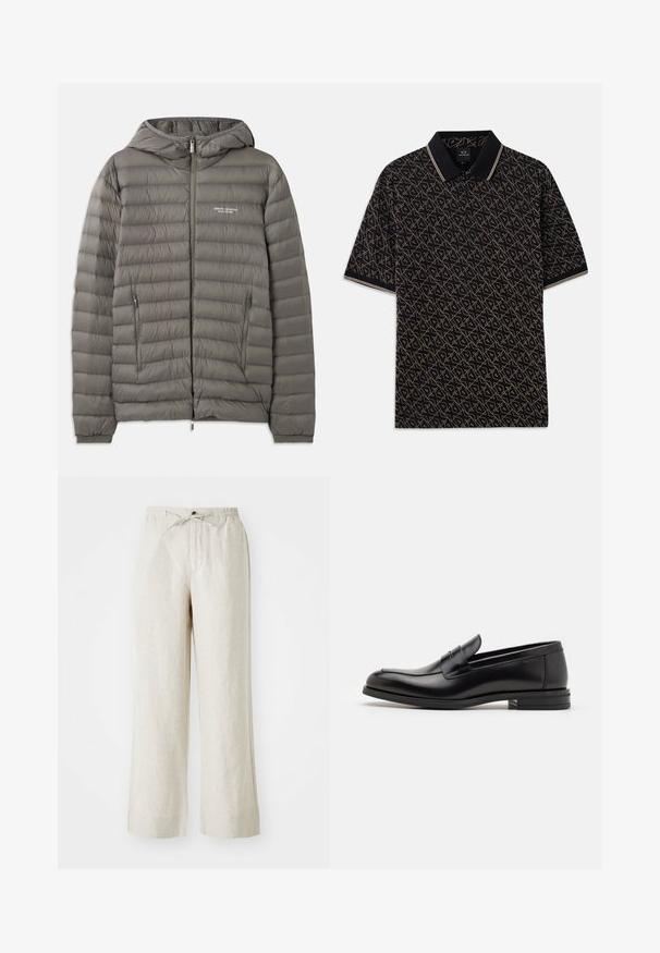 Pelēks pūkains jaka ar kapuci, izgatavota no quiltēta materiāla. Tajā ir divas ar rāvējslēdzēju aizveramas sānu kabatas un priekšējā rāvējslēdzēja aizdare.; Melnā polo krekls ar ģeometrisku zelta rakstu, īsām piedurknēm un klasisku apkakli ar smalkām svītrām.; Linsētas bikses gaiši bēšā krāsā, ar brīvu piegriezumu, elastīgu jostu ar auklu un sānu kabatām ērtībai.; Melnas ādas kurpes ar gludu tekstūru, noapaļu purngalu un dekoratīvu siksniņu pāri priekšpusei. Zems sakrauts papēdis, minimālisma dizains.