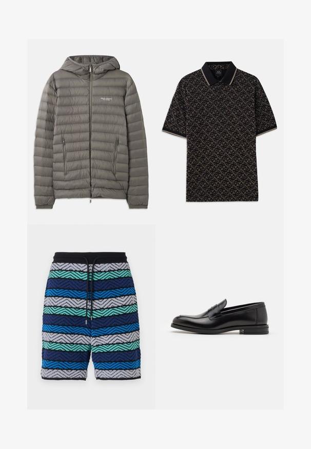 Pilkas pūkinis švarkas su gobtuvu, pagamintas iš siuvinėto medžiagos. Turtingai užpildytas, su dviem užtrauktukais šoninėmis kišenėmis ir priekinio užtrauktuko uždarymu.; Juodas polo marškinėliai su geometriniu auksiniu raštu, trumpomis rankovėmis ir klasikine apykakle su subtiliomis dryžuotomis akcentais.; Daugiaspalvės šortai su zigzago raštu tamsiai mėlynų, mėlynų, žalių ir pilkų atspalvių. Juosmens dalis juoda su raišteliu.; Juodos odinės loafers, turinčios lygų paviršių, apvalią noselę ir dekoratyvinę juostą per priekinę dalį. Žemas krentantis kulnas, minimalistinis dizainas.