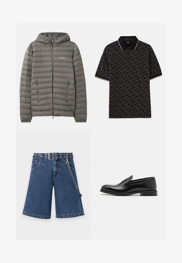 Graue Pufferjacke mit Kapuze, aus gestepptem Material. Verfügt über zwei seitliche Reißverschlusstaschen und einen Reißverschluss vorne.; Schwarzes Polohemd mit einem geometrischen goldenen Muster, kurzen Ärmeln und einem klassischen Kragen mit dezenten gestreiften Akzenten.; Dunkelblaue Denim-Shorts im weit geschnittenen Design mit einem Taillengürtel, der über metallische Ösen verfügt, veredelt mit kontrastierenden Nähten und einer Seitenkette.; Schwarze Lederloafers mit glatter Textur, rundem Zehenbereich und einem dekorativen Riemen über dem Vorderfuß. Niedriger, gestapelter Absatz, minimalistisches Design.