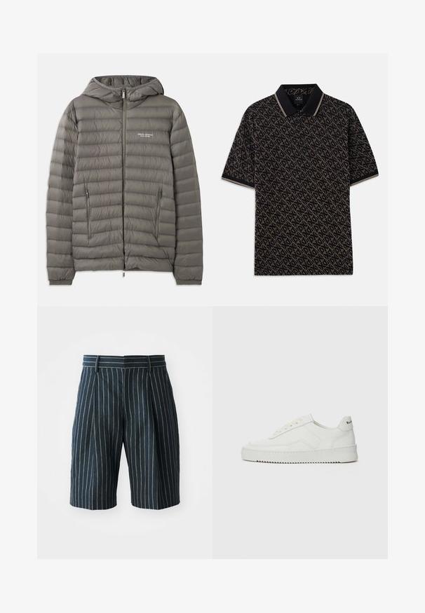 Szürke púderdzseki kapucnival, steppelt anyagból készült. Két cipzáras oldalzsebbel és elülső cipzáras záródással rendelkezik.; Fekete pólóing geometrikus arany mintával, rövid ujjú, klasszikus gallérral, finom csíkos részletekkel.; Kék csíkos, egyenes szabású sort, derékrésszel és redőkkel, texturált anyagból. Nincsenek látható zsebek vagy fémalkatrészek.; Fehér bőr sportcipő sima felülettel, kerek orral, lapos fűzőkkel és texturált talppal. Finom logó található a sarokon.