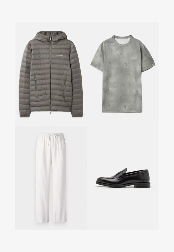 Gray puffer jacket with a hood, made of quilted material. Features two zippered side pockets and a front zipper closure.; Gray cotton T-shirt with subtle AX logo pattern, round neckline, short sleeves, and a relaxed fit. Smooth texture with a slightly faded style.; White, lightweight pants with an elastic waistband and drawstring. Straight-leg design with a smooth texture. No patterns or accents.; Black leather loafers with a smooth texture, rounded toe, and a decorative strap across the vamp. Low stacked heel, minimalist design.