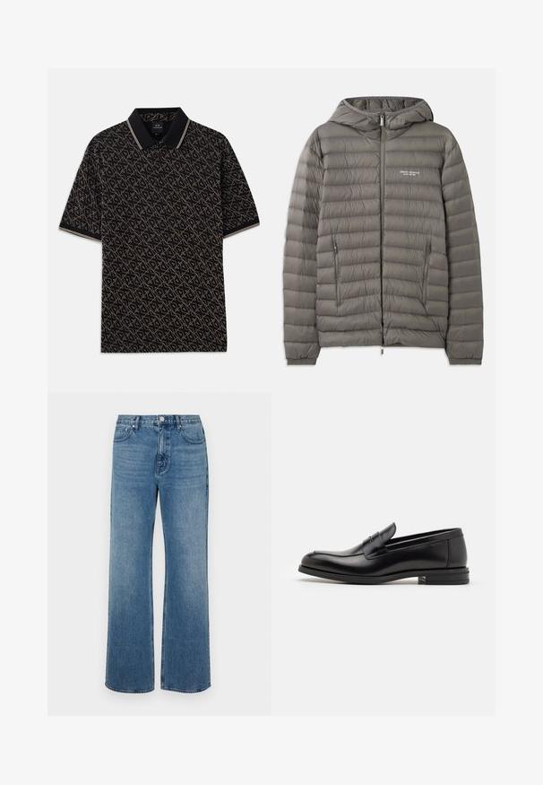 Hallava puffjakker, millel on kapuuts ja millel on tikandmaterjal. Omab kahte lukuga küljetaskut ja ees olevat luku sulgemist.; Mustern ja musta polo särk geomeetrilise kuldse mustriga, lühikeste varrukatega ja klassikalise kraega, millel on peened triibulised detailid.; Laiad sinised teksad, mis on valmistatud denimist ja millel on kulunud viimistlus. Omab viit taskut, ees nööpidega kinnitust ja sirget lõiget.; Mustad mustad nahast loafers sileda tekstuuriga, ümarat ninaosa ja dekoratiivne riba vampi üle. Madal kihiline konts, minimalistlik disain.