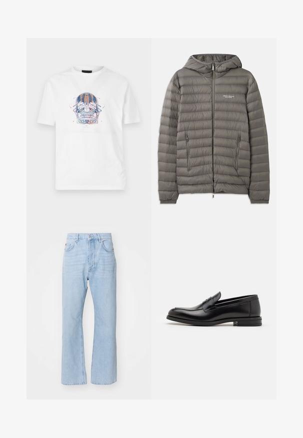 Pilkas pūkinis švarkas su gobtuvu, pagamintas iš siuvinėto medžiagos. Turtingai užpildytas, su dviem užtrauktukais šoninėmis kišenėmis ir priekinio užtrauktuko uždarymu.; Balta medvilninė marškinėliai su išsamiu kaukolės grafiniu piešiniu mėlynos, oranžinės ir raudonos spalvų atspalvių. Standartinis apvalus iškirpimas ir trumpomis rankovėmis.; Šviesiai mėlyni džinsai su laisvu siluetu, tiesiomis kojomis, tradiciniu penkių kišenių stiliumi ir metaliniu mygtuko uždarymu.; Juodos odinės loafers, turinčios lygų paviršių, apvalią noselę ir dekoratyvinę juostą per priekinę dalį. Žemas krentantis kulnas, minimalistinis dizainas.