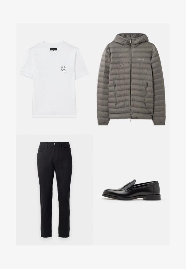Gray puffer jacket with a hood, made of quilted material. Features two zippered side pockets and a front zipper closure.; White cotton T-shirt featuring a round neckline and short sleeves. A small black graphic smiley face with 'x' eyes on the left chest.; Black cotton trousers with a straight leg design, featuring a button closure, two front pockets, and smooth texture.; Black leather loafers with a smooth texture, rounded toe, and a decorative strap across the vamp. Low stacked heel, minimalist design.