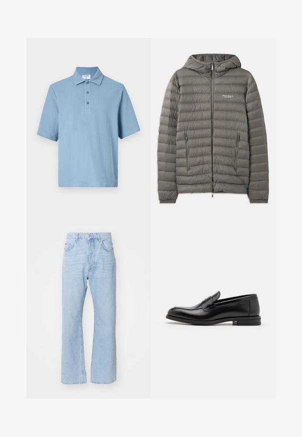Pelēks pūkains jaka ar kapuci, izgatavota no quiltēta materiāla. Tajā ir divas ar rāvējslēdzēju aizveramas sānu kabatas un priekšējā rāvējslēdzēja aizdare.; Gaiši zils īsās piedurknes polo krekls, izgatavots no struktūrēta materiāla. Tam ir klasiskā apkakle un trīs pogu aizdare.; Gai zils džinsu audums ar brīvu piegriezumu, taisnas kājas dizainu, tradicionālu piecu kabatu stilu un metāla pogu aizdari.; Melnas ādas kurpes ar gludu tekstūru, noapaļu purngalu un dekoratīvu siksniņu pāri priekšpusei. Zems sakrauts papēdis, minimālisma dizains.