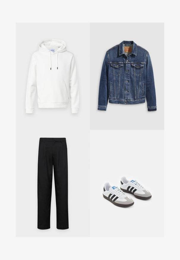 Jachetă din denim de culoare albastru închis cu un design clasic, având nasturi metalici, două buzunare pe piept și cusături diagonale în față.; Hanorac alb din bumbac moale, cu un buzunar frontal, șnururi ajustabile și manșete ribbed. Design simplu, solid, cu o croială lejeră.; Pantaloni negri dintr-un material neted, cu un design drept, două pliuri frontale și un tiv standard cu bucle pentru curea.; Încălțăminte sport cu un superior din piele albă, vârf din suede gri și trei dungi negre. Prezintă un logo albastru pe limbă și o talpă din cauciuc texturat.