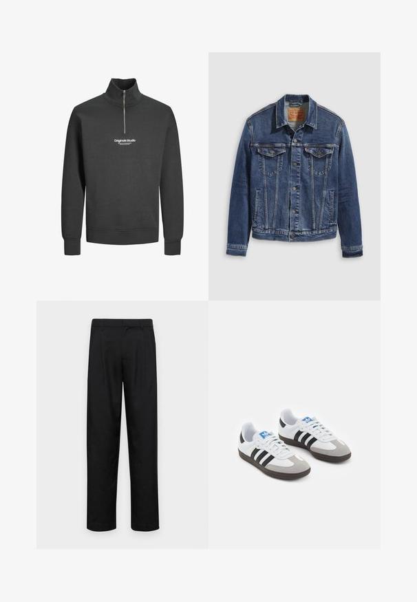 Giacca di jeans blu scuro con un design classico, caratterizzata da bottoni in metallo, due tasche sul petto e cuciture diagonali sul davanti.; Felpa nera con collo alto e mezza zip. Presenta testo bianco "Originals Studio" sul petto. Materiale in misto cotone, vestibilità casual.; Pantaloni neri realizzati in tessuto liscio, caratterizzati da un taglio dritto, due pieghe frontali e una vita standard con passanti per la cintura.; Scarpe sportive con tomaia in pelle bianca, punta in suede grigia e tre strisce nere. Presentano un logo blu sulla linguetta e una suola in gomma testurizzata.