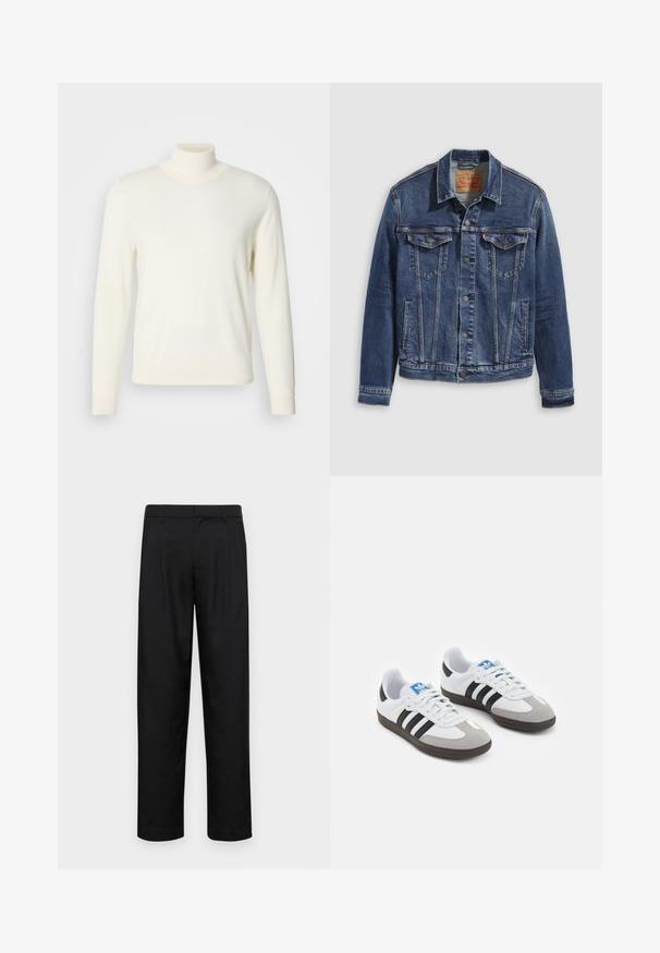 Dunkelblaues Jeansjackett im klassischen Design, mit Metallknöpfen, zwei Brusttaschen und diagonalen Nähten auf der Vorderseite.; Cremfarbener Rollkragenpullover aus weichem Material, mit langen Ärmeln und figurbetonter Silhouette, ohne sichtbare Muster oder Verzierungen.; Schwarze Hose aus glattem Stoff, mit geradem Bein Design, zwei vorderen Falten und einem Standardbund mit Gürtelschlaufen.; Sportschuhe mit einem Obermaterial aus weißem Leder, grauer Wildleder-Zehenkappe und drei schwarzen Streifen. Sie verfügen über ein blaues Logo auf der Zunge und eine strukturierte Gummisohle.