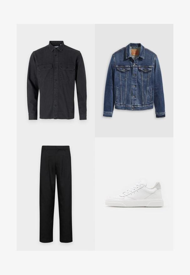 Giacca di jeans blu scuro con un design classico, caratterizzata da bottoni in metallo, due tasche sul petto e cuciture diagonali sul davanti.; Camicia a maniche lunghe grigio scuro con bottoni, realizzata in misto cotone, con due tasche sul petto e colletto classico.; Pantaloni neri realizzati in tessuto liscio, caratterizzati da un taglio dritto, due pieghe frontali e una vita standard con passanti per la cintura.; Sneaker bianche in pelle con finitura liscia, punta arrotondata, lacci piatti e suola texturizzata. Accento in suede grigio sul tallone.