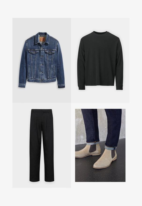 Chaqueta de mezclilla en azul oscuro con un diseño clásico, que presenta botones metálicos, dos bolsillos en el pecho y costuras diagonales en la parte frontal.; Camiseta negra de manga larga, hecha de algodón, con escote redondo, corte holgado y puños acanalados. Textura suave sin patrones visibles.; Pantalones negros de tela suave, con un diseño de pierna recta, dos pliegues frontales y una cintura estándar con trabillas para el cinturón.; Zign LEATHER - Botines - sand