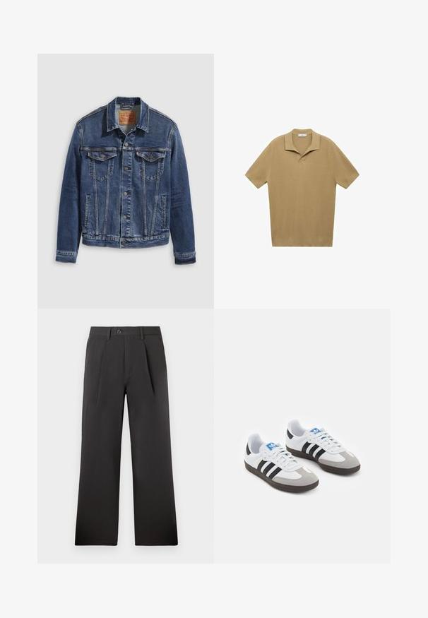 Jachetă din denim de culoare albastru închis cu un design clasic, având nasturi metalici, două buzunare pe piept și cusături diagonale în față.; Cămașă polo cu mânecă scurtă din material tricotat în mărimea maro deschis; are un guler cu decupaj și o tivă dreaptă, cu linii texturate pe întreaga suprafață.; Pantaloni negri plisati cu un design drept, confectionati dintr-un material fin. Au un sistem de inchidere cu nasture si bucle pentru curea la talie.; Încălțăminte sport cu un superior din piele albă, vârf din suede gri și trei dungi negre. Prezintă un logo albastru pe limbă și o talpă din cauciuc texturat.