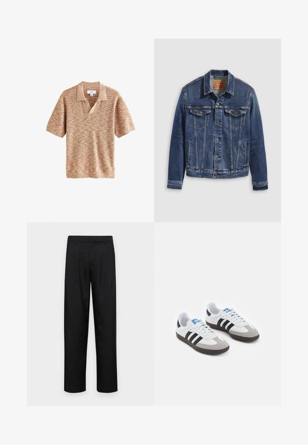 Chaqueta de mezclilla en azul oscuro con un diseño clásico, que presenta botones metálicos, dos bolsillos en el pecho y costuras diagonales en la parte frontal.; Suéter de manga corta en un tejido texturizado de color marrón claro con un diseño de cuello en V. Presenta un patrón diagonal en toda la prenda.; Pantalones negros de tela suave, con un diseño de pierna recta, dos pliegues frontales y una cintura estándar con trabillas para el cinturón.; Zapatillas deportivas con parte superior de piel blanca, puntera de ante gris y tres rayas negras. Presentan un logo azul en la lengüeta y una suela de goma texturizada.