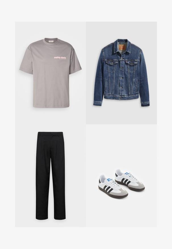 Casaco de ganga em azul escuro com um design clássico, apresentando botões de metal, dois bolsos no peito e costuras diagonais na parte da frente.; T-shirt cinza de algodão com mangas curtas e decote redondo. Um logótipo rosa "Calvin Klein" está impresso no lado esquerdo do peito.; Calças pretas feitas de tecido suave, com um design de perna reta, dois pregas frontais e uma cintura padrão com passantes para cinto.; Ténis desportivos com um cabedal em pele branca, biqueira em camurça cinza e três riscas pretas. Apresenta um logo azul na língua e uma sola de borracha texturizada.