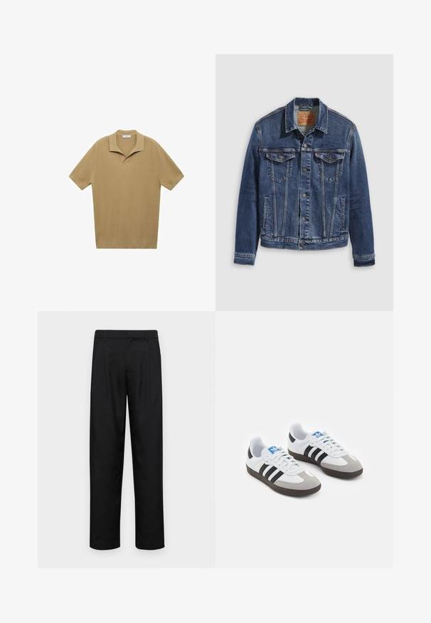 Tummansinisellä denimi-takilla on klassinen muotoilu, jossa on metallinapit, kaksi rintataskua ja vinot saumat edessä.; Lyhythihainen polo-paita vaaleanruskeasta ribbikankaasta; siinä on lovetukka ja suora helma, sekä koko kankaan läpi kulkevat teksturoidut viivat.; Mustat housut, jotka on valmistettu sileästä kankaasta, suoran lahkeen muotoilulla, kahdella etupleekillä ja tavanomaisella vyötäröllä, jossa on vyölenkit.; Urheilukengät, joissa on valkoinen nahkainen päällinen, harmaa mokkanokka ja kolme mustaa raitaa. Ominaisuuksina sininen logo kielekkeessä ja kuvioitu kumipohja.