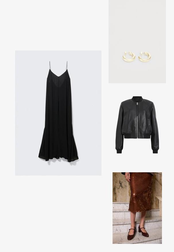 Giubbotto bomber in pelle nera con zip frontale, colletto e polsini a costine, dotato di due tasche laterali. Tessuto liscio e design corto.; Abito nero senza maniche con scollatura a V profonda, realizzato in tessuto leggero, con una silhouette fluida che si allarga all'orlo.; Donna che indossa una gonna midi in paillettes marrone e tacchi Mary Jane in pelle di coccodrillo marrone scuro, in piedi su scale di marmo.; Orecchini a cerchio color oro con una finitura liscia e lucida. Presentano un design curvo e un piccolo accento vicino al perno per un tocco di dettaglio in più.