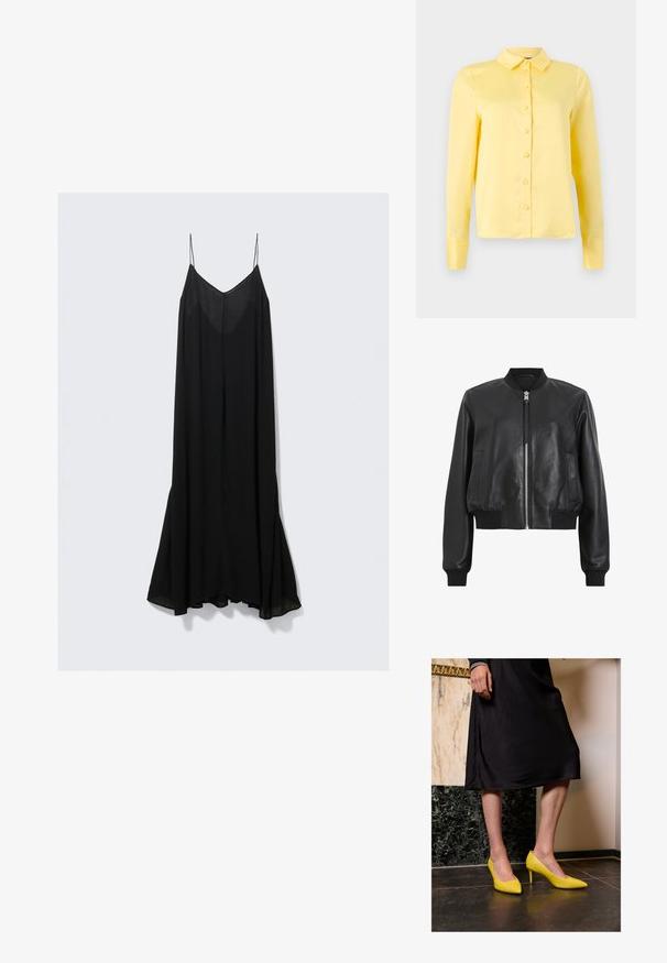 Giubbotto bomber in pelle nera con zip frontale, colletto e polsini a costine, dotato di due tasche laterali. Tessuto liscio e design corto.; Abito nero senza maniche con scollatura a V profonda, realizzato in tessuto leggero, con una silhouette fluida che si allarga all'orlo.; Blusa gialla a maniche lunghe con colletto, chiusura frontale con bottoni e tessuto liscio. Design semplice senza motivi o accenti.; Tacchi alti gialli in pelle verniciata con punte appuntite e sottili tacchi a stiletto, posizionati su un pavimento in pietra scura, contro uno sfondo di parete chiara.