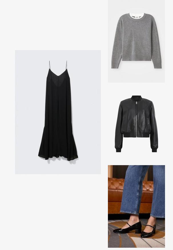 Juodas odinis bomber tipo švarkas su priekiniais užtrauktukais, raukšlėtu apykakle ir rankogaliais, turintis dvi šonines kišenes. Lygus paviršius ir trumpas dizainas.; Pilkas megztinis su ilgomis rankovėmis, apvaliu iškirpimu ir gulsčiomis rankovių bei apykaklės kraštinėmis. Turi tekstūruotą mezgimą ir mažą logotipą ant krūtinės.; Juodas be rankovių suknelė su giliu V formos iškirpimu, pagaminta iš lengvos medžiagos, ir laisvas siluetas, kuris išsiplėtė ties apatine dalimi.; Juodi lakiniai bateliai su smailiu nosiu, storu kulnu ir kulkšnies dirželiu, dėvimi su plačiomis džinsinio audinio kelnėmis, ant raštuoto kilimo.