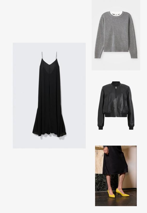 Veste bomber en cuir noir avec fermeture éclair à l'avant, col et poignets côtelés, dotée de deux poches latérales. Texture lisse et design court.; Pull gris à manches longues, col rond et avec des poignets et un ourlet côtelés. Présente un tricot texturé et un petit logo sur la poitrine.; Robe noire sans manches avec un décolleté en V profond, fabriquée en tissu léger et ayant une silhouette fluide qui s'évasent à l'ourlet.; Escarpins en cuir verni jaune avec des pointes arrondies et des talons fins en stiletto, posés sur un sol en pierre sombre, devant un mur clair.