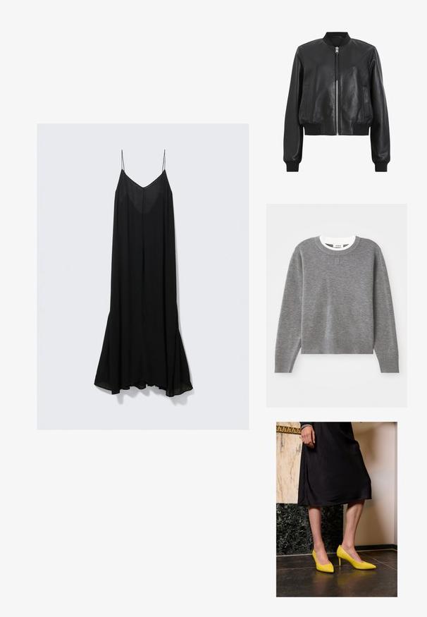 Giubbotto bomber in pelle nera con zip frontale, colletto e polsini a costine, dotato di due tasche laterali. Tessuto liscio e design corto.; Maglione grigio con maniche lunghe, scollatura rotonda e polsini e orlo a coste. Presenta un motivo a maglia testurizzato e un piccolo logo sul petto.; Abito nero senza maniche con scollatura a V profonda, realizzato in tessuto leggero, con una silhouette fluida che si allarga all'orlo.; Tacchi alti gialli in pelle verniciata con punte appuntite e sottili tacchi a stiletto, posizionati su un pavimento in pietra scura, contro uno sfondo di parete chiara.