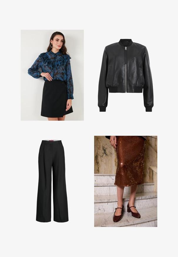 Črna usnjena bomberska jakna z zadrgo spredaj, rebrastim ovratnikom in manšetami, ki ima dve stranski žep. Gladka tekstura in skrajšana zasnova.; Modra bluzica z vzorcem z naborki in gumbastimi manšetami, v kombinaciji s črnim zavitim krilom z dvema gumboma na strani.; Črne široke hlače s krojem, ki vključuje pregibe in gladko teksturo tkanine. Čiste linije brez vidnih kovinskih delov ali dodatkov.; Ženska v rjavi bleščeči midi krilu in temno rjavih čevljih Mary Jane s krokodiljo teksturo stoji na marmornih stopnicah.