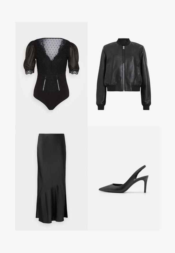 Black leather bomber jacket with a front zipper, ribbed collar and cuffs, featuring two side pockets. Smooth texture and cropped design.; Black bodysuit featuring sheer puff sleeves, lace detailing, polka dot mesh at the bodice, and decorative trim along the front.; Black satin midi skirt with a sleek design, featuring a slight flare at the hem and side slit for ease of movement. Smooth texture.; Black leather slingback high heels with a pointed toe design, featuring a cutout at the front and a thin stiletto heel.