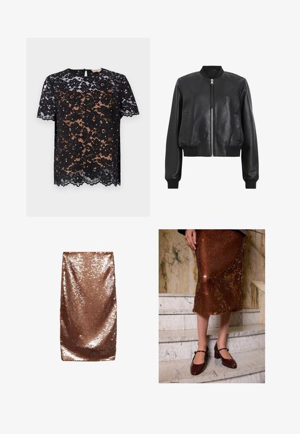 Czarna skórzana kurtka bombka z przednim zamkiem, żeberkowym kołnierzem i mankietami, z dwoma bocznymi kieszeniami. Gładka struktura i krótki krój.; Czarny top z koronką z kwiatowymi wzorami i krótkimi rękawami. Gładka tekstura z falbaniastym wykończeniem i zapięciem na guzik w kształcie łezki z tyłu.; Brązowa mini spódnica z cekinami, gładka w teksturze, dopasowany krój, błyszczące wykończenie z refleksyjnymi cekinami ułożonymi blisko siebie, bez widocznych szwów ani kieszeni.; Kobieta w brązowej satynowej spódnicy midi z cekinami i ciemnobrązowych lakierowanych butach typu Mary Jane, stojąca na marmurowych schodach.