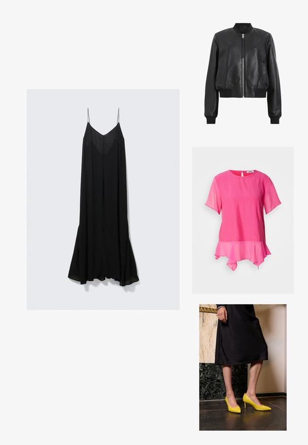 Jaqueta bomber de couro preto com fecho frontal, colarinho e punhos canelados, com dois bolsos laterais. Textura suave e design cropped.; Top rosa de mangas curtas feito de tecido leve, apresentando um decote redondo, costas com detalhe em fenda e uma bainha em camadas com babados.; Vestido preto sem mangas com um decote em V profundo, feito de um tecido leve, e uma silhueta fluida que se alarga na barra.; Sapatos de salto alto de couro amarelo brilhante, com bicos pontudos e saltos finos de stiletto, posicionados sobre um chão de pedra escura, contra um fundo de parede clara.