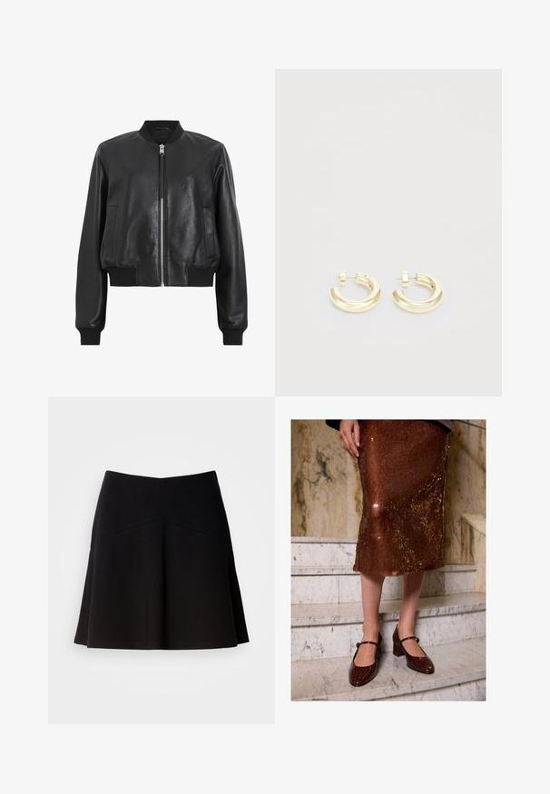 Black leather bomber jacket with a front zipper, ribbed collar and cuffs, featuring two side pockets. Smooth texture and cropped design.; Navy turtleneck long-sleeve top. Made from soft fabric with a smooth texture. Features a fitted design and high collar without visible seams.; Black flared skirt made from soft fabric, featuring a fitted waistband and seam detailing. Smooth texture with a simple, classic design.; Woman wearing a brown sequined midi skirt and dark brown crocodile-textured Mary Jane heels standing on marble stairs.; Gold-tone hoop earrings with a smooth, polished finish. Features a curved design and a small accent near the post for added detail.