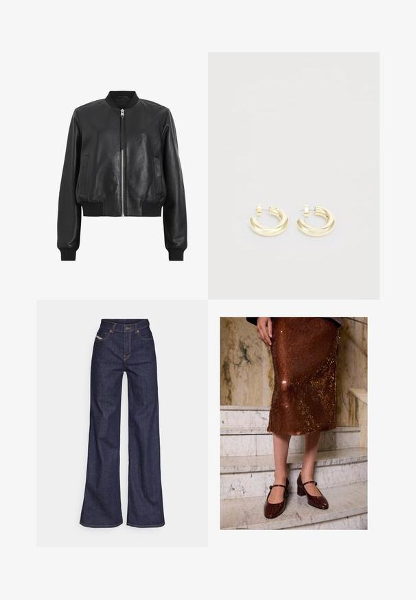 Musta nahkainen pommitakki, jossa on etuvetskari, ribatty kaulus ja hihansuut sekä kaksi sivutaskua. Silkkinen rakenne ja lyhyt design.; Musta hihaton paita ribbikankaasta, jossa on pyöreä kaula-aukko ja istuva muoto. Tasasaumat ja ei koristeita. Yksinkertainen ja tyylikäs muotoilu.; Tummansiniset leveälahkeiset farkut denimmateriaalista, joissa on korkea vyötärö. Niissä on oranssit tikkaus, viisi taskua ja napitus.; Nainen, jolla on päällään ruskea paljetti-midi-hame ja tummanruskeat krokotiilinantextuuriset Mary Jane -kengät, seisoo marmoriportaita myöten.; Kultahenttiset korvakorut, joissa on sileä ja kiiltävä pinta. Korvaksissa on kaareva muotoilu ja pieni yksityiskohta lähellä postia lisäyksityiskohtia varten.