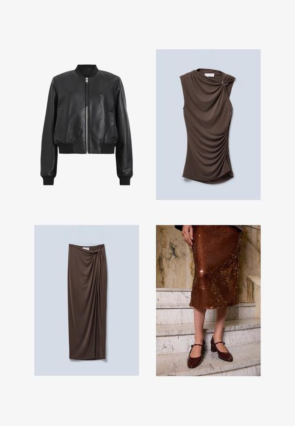 Juodas odinis bomber tipo švarkas su priekiniais užtrauktukais, raukšlėtu apykakle ir rankogaliais, turintis dvi šonines kišenes. Lygus paviršius ir trumpas dizainas.; Ruda be rankovių palaidinė su sukniubusiu audiniu, turinti suktą peties detalę ir susiraukšlėjusias šonus, pagaminta iš švelnaus, lygaus medžiagos.; Ruda, iki kelių siekianti suknele pagaminta iš minkštos, pūstos medžiagos. Suknelė turi susukto mazgo detalę liemens srityje ir lygų paviršių.; Moteris, apsivilkusi rudą blizgučių midi sijoną ir tamsiai rudus krokodilotekstūrus Mary Jane batus, stovi ant marmurinių laiptų.