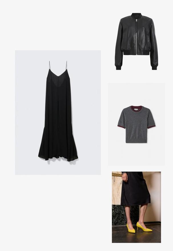 Must järjekorra nahast pommijakk, millel on ees lukk, soonikkoes kaelus ja varrukad ning kaks küljetaskut. Sile tekstuur ja lühike disain.; Hallitushall kahepikendiga kampsun, millel on maroonist soonikust krae ja varrukate servad; valmistatud pehmest kangast, millel on sobiv disain ja kerge tekstuur.; Must mustriga kleit sügava V-kaelusega, tehtud kergest kangast, mis voolab laienedes äärtesse.; Kollase patendi nahast kõrged kontsad teravate varvaste ja õhukeste stilettokontsadega, asetatud tumedale kivipõrandale, heleda seina taustal.