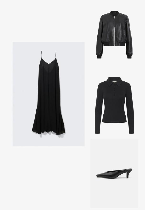 Must järjekorra nahast pommijakk, millel on ees lukk, soonikkoes kaelus ja varrukad ning kaks küljetaskut. Sile tekstuur ja lühike disain.; Must värviline pika varrukaga polo särk, millel on sooniline tekstuur, nööpidega loor ja diskreetne logo. Omab klassikalist kraedisaini.; Must mustriga kleit sügava V-kaelusega, tehtud kergest kangast, mis voolab laienedes äärtesse.; Mustadast mustad nahast teravatipulised mules madala stilletokontsaga. Sile tekstuur, minimalistlik disain ja avatud selg mugavaks selga panemiseks.