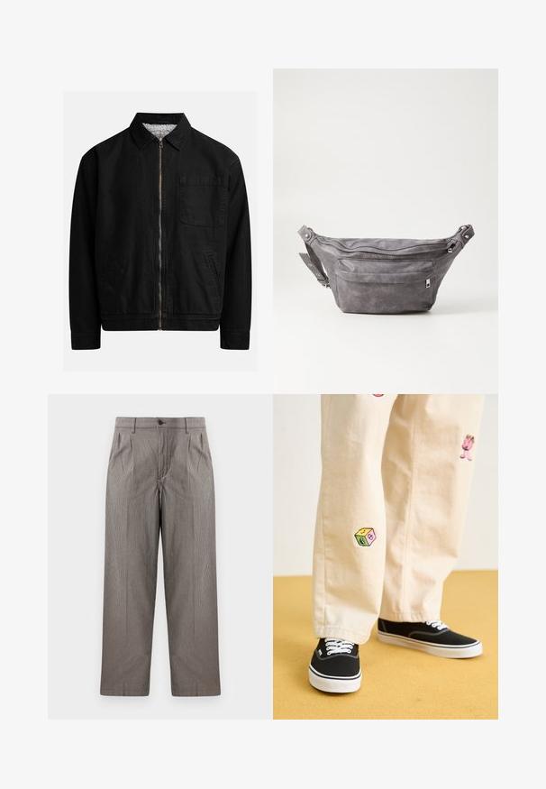 Mustat vetoketjullinen takki, jossa on kaulus, yksi rintatasku, kaksi sivutaskua ja pehmeä, teksturoitu sisävuori.; Tummanvihreä huppari, joka on valmistettu pehmeästä kankaasta. Hupparissa on kengurupocket, nyörit sekä valkoinen teksti-logo vasemmassa rintakehässä.; Harmaita ruudullisia suoria haalareita, joissa on laskokset, napilla suljettava vyötärö ja sivutaskut.; Beige puuvillahousut leikkisillä brodeeratuilla kuvioilla, mukaan lukien vaaleanpunainen hahmo ja värikäs lohko, yhdistettynä mustiin nauhakengiin.; Harso harmaa samettinen vyölaukku pyöreällä muotoilulla, kahdella vetoketjullisella osastolla ja säädettävällä hihnalla. Varustettu metallisilla varusteilla.