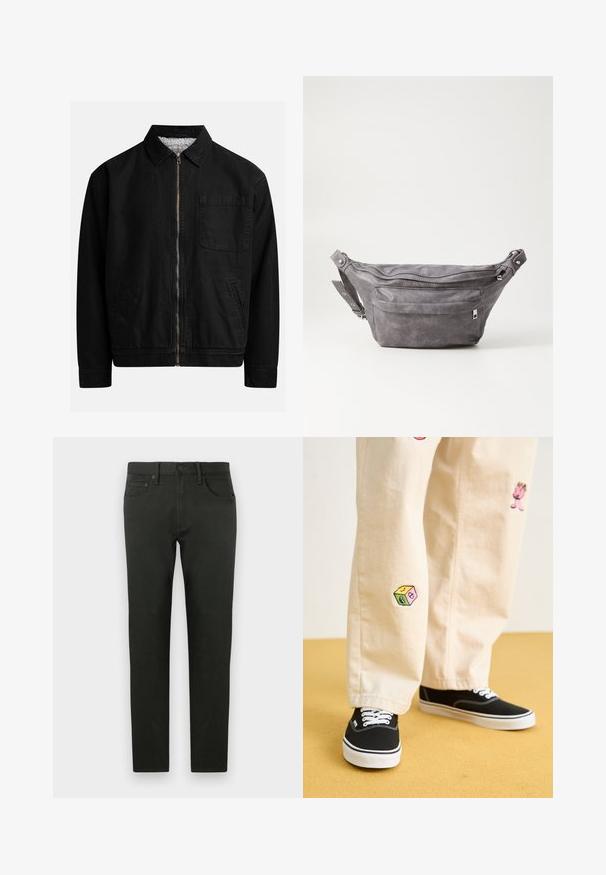 Schwarze Zip-Jacke mit Kragen, einer Brusttasche, zwei Seitentaschen und einem weichen, strukturierten Innenfutter.; Dunkelgrüner Hoodie aus weichem Material, mit einer Kängurutasche, Bindebändern und einem weißen Textlogo auf der linken Brustseite.; Dunkelgrüne Baumwollhose mit schlanker Passform. Verfügt über ein gerades Bein, Fronttaschen und einen Knopfverschluss. Glatte Textur, minimale Details.; Beige Baumwollhosen mit verspielten, gestickten Motiven, darunter eine pinke Figur und bunte Blöcke, kombiniert mit schwarzen Schnürsneakern.; Graue Wildleder-Gürteltasche mit runder Form, zwei mit Reißverschluss verschlossenen Fächern und verstellbarem Trageriemen. Mit metallischen Hardware-Akzenten.